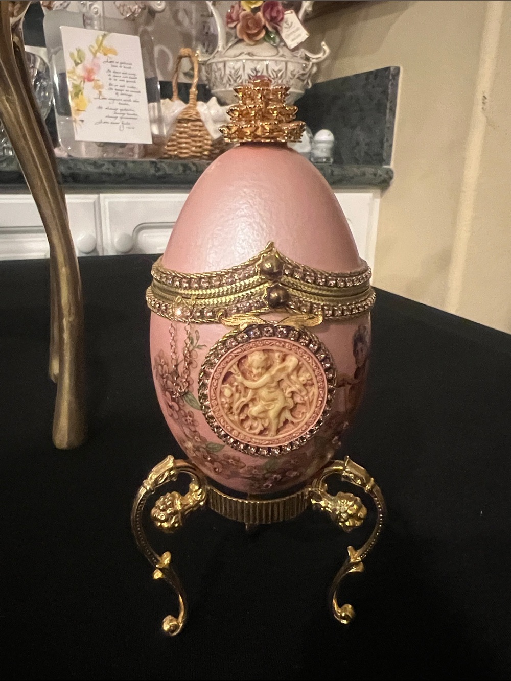 Faberge Pink and Gold Decorative Egg Vase with Cherub Medallion